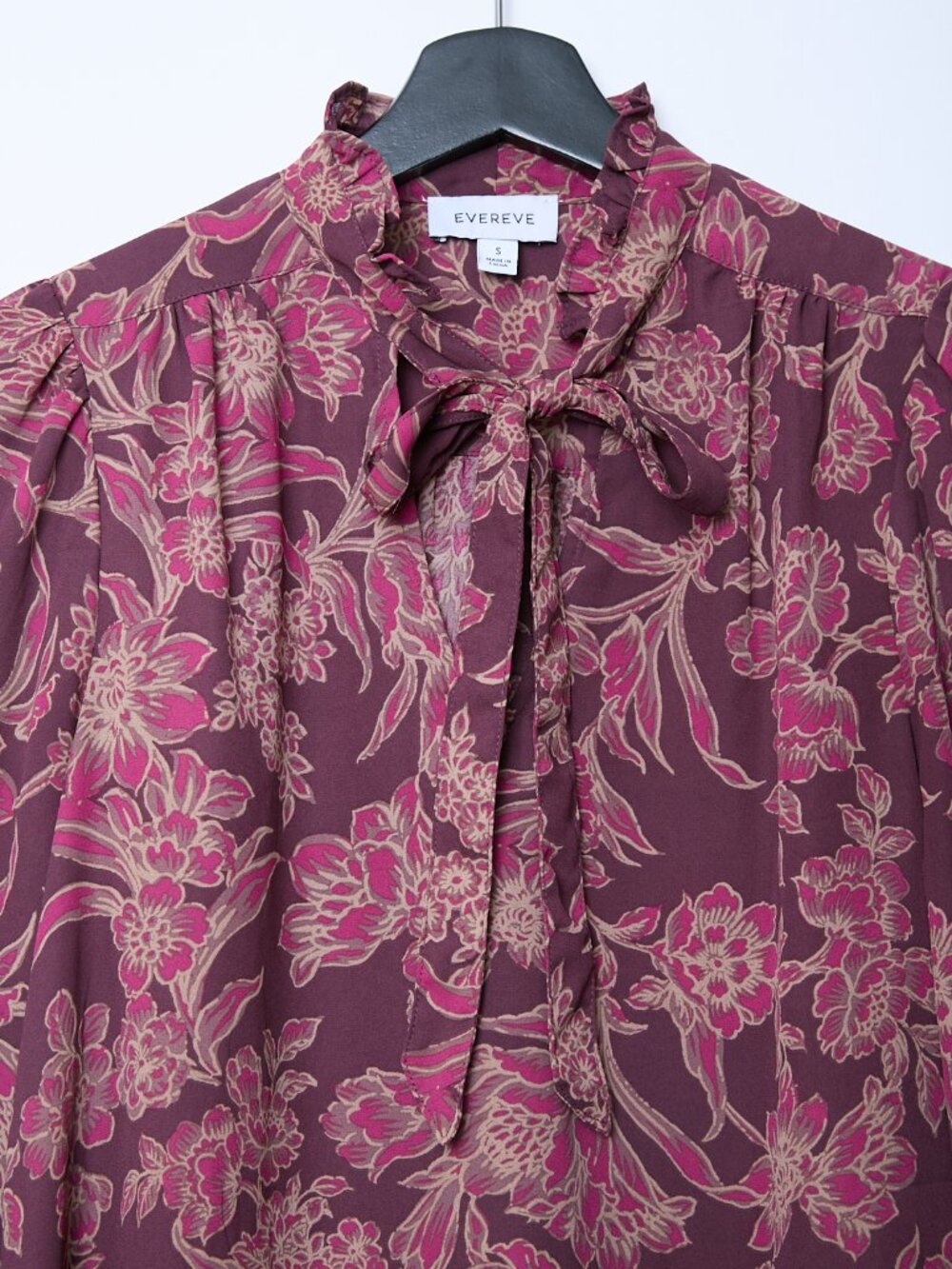 Evereve Mindie Tie Front Long Sleeve Floral Print Plum Lightweight Blouse Small - Picture 4 of 10